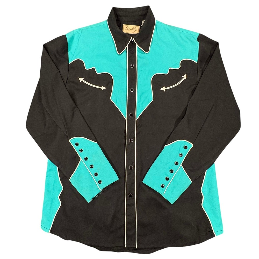Vintage Scully Western Shirt Mens M Black Turquoise Black Pearl Snap Rockabilly